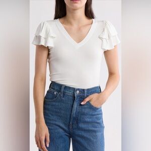 NWT 1. State White Ruffle Sleeve Top - Sz M